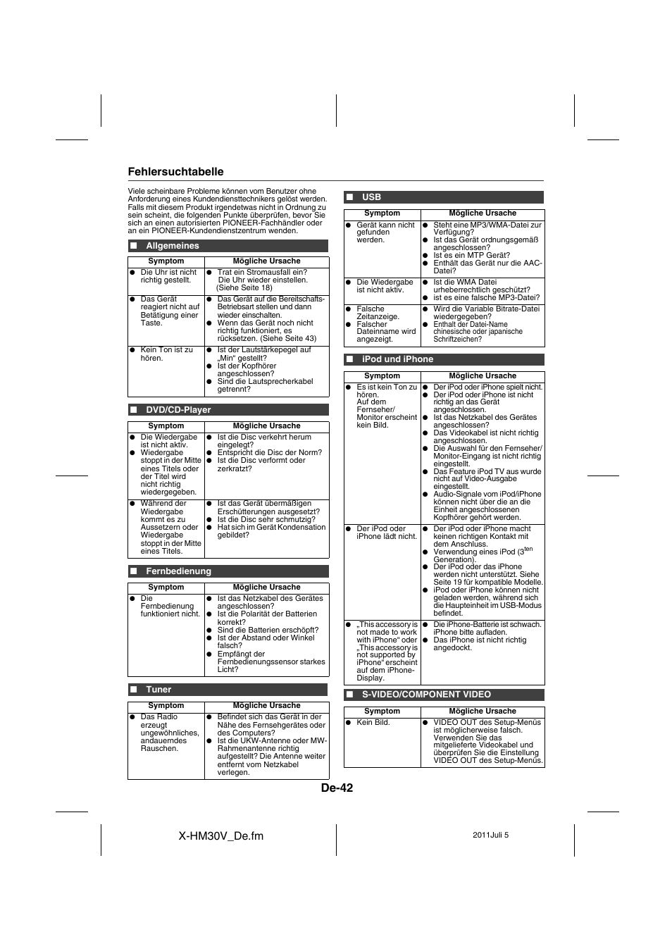 Fehlersuchtabelle - 43, De-42, X-hm30v_de.fm | Fehlersuchtabelle | Pioneer X-HM30V-S User Manual | Page 174 / 268