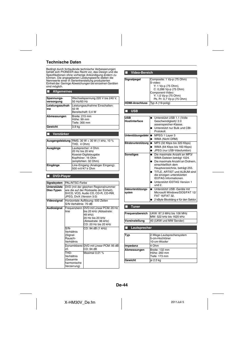 Technische daten, De-44 | Pioneer X-HM30V-S User Manual | Page 176 / 268