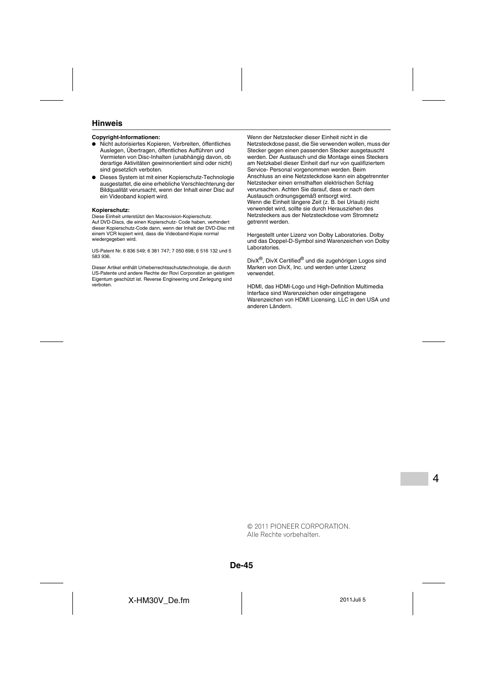 Hinweis, De-45 | Pioneer X-HM30V-S User Manual | Page 177 / 268