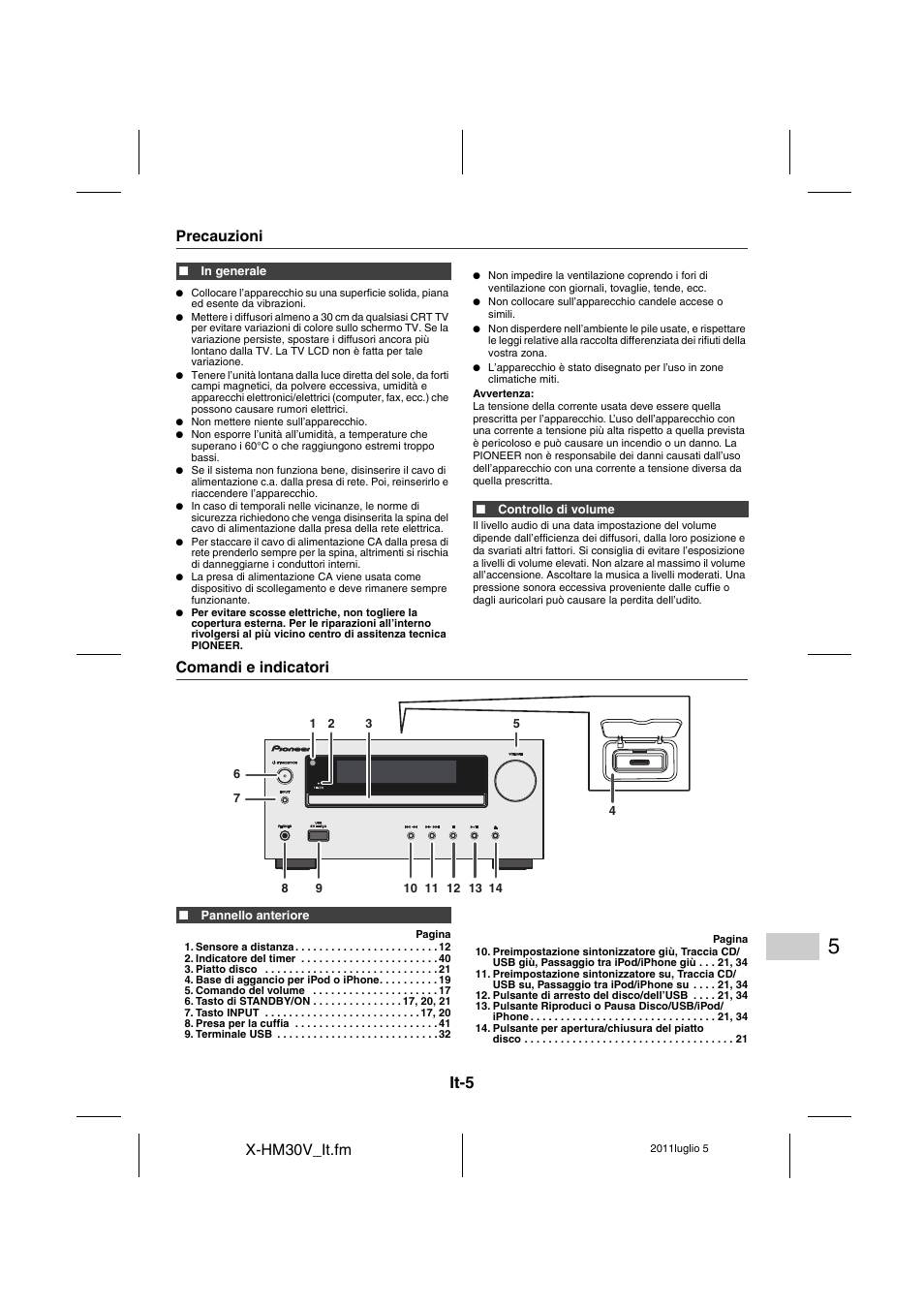 Precauzioni, Comandi e indicatori - 7, It-5 | Pioneer X-HM30V-S User Manual | Page 181 / 268