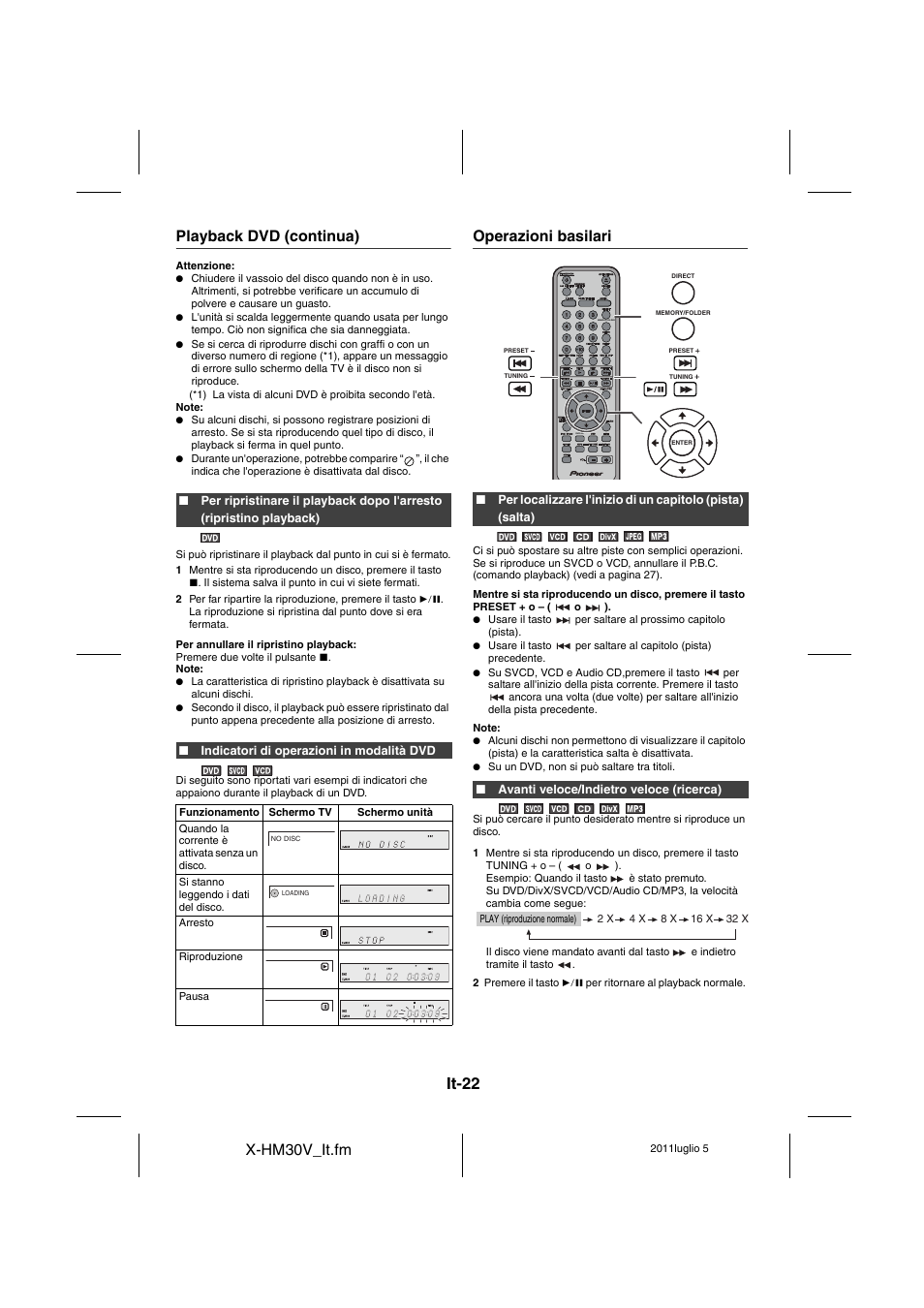 Operazioni basilari - 23, It-22, X-hm30v_it.fm | Playback dvd (continua), Operazioni basilari | Pioneer X-HM30V-S User Manual | Page 198 / 268