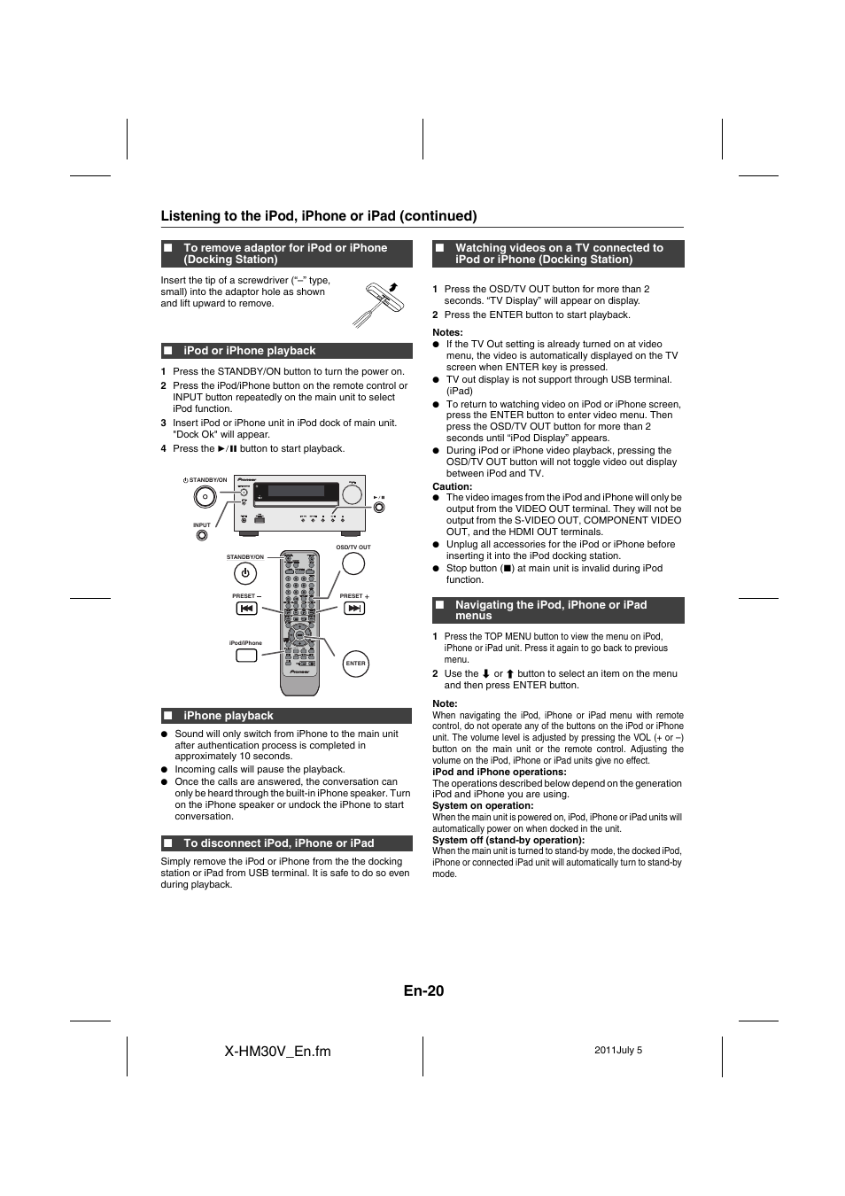 En-20, X-hm30v_en.fm, Listening to the ipod, iphone or ipad (continued) | Pioneer X-HM30V-S User Manual | Page 20 / 268