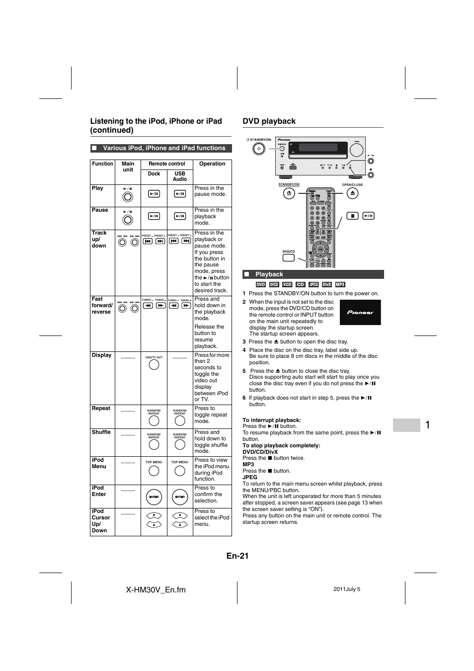 Dvd playback - 22, En-21, X-hm30v_en.fm | Pioneer X-HM30V-S User Manual | Page 21 / 268