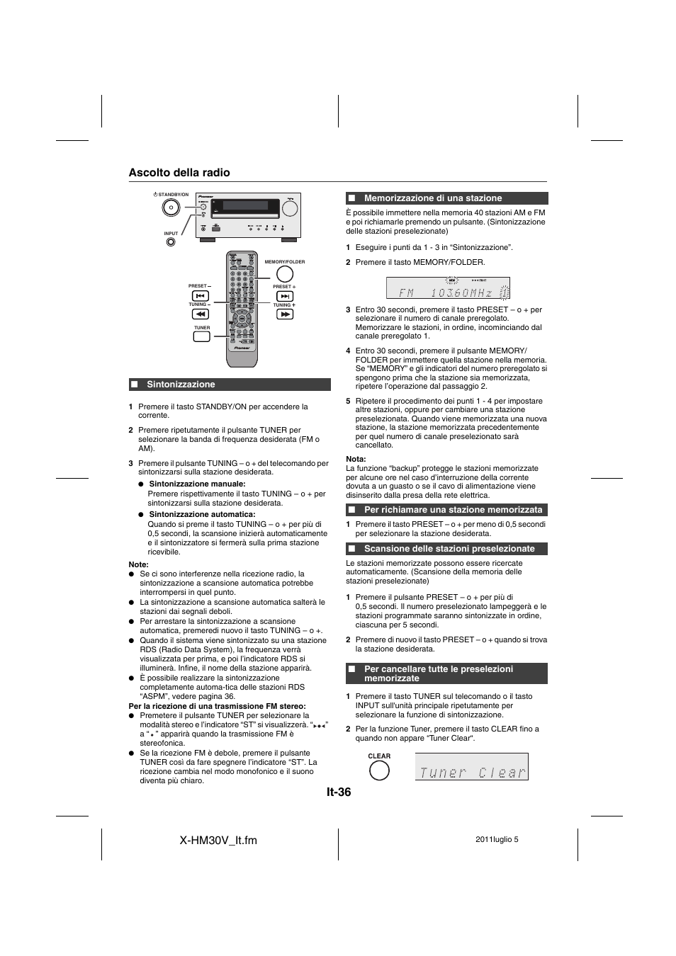 Ascolto della radio, It-36, X-hm30v_it.fm | Pioneer X-HM30V-S User Manual | Page 212 / 268