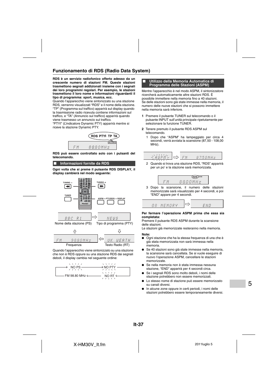 Funzionamento di rds (radio data system) - 39, It-37 | Pioneer X-HM30V-S User Manual | Page 213 / 268