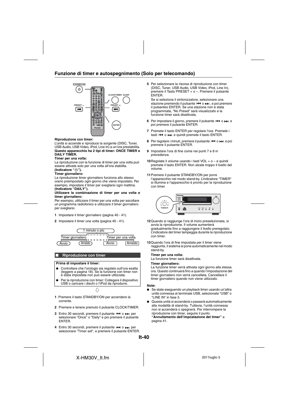 Funzione di timer e autospegnimento, Solo per telecomando) - 41, It-40 | X-hm30v_it.fm | Pioneer X-HM30V-S User Manual | Page 216 / 268