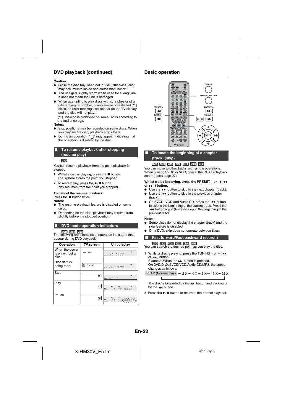 Basic operation - 23, En-22, X-hm30v_en.fm | Dvd playback (continued), Basic operation | Pioneer X-HM30V-S User Manual | Page 22 / 268