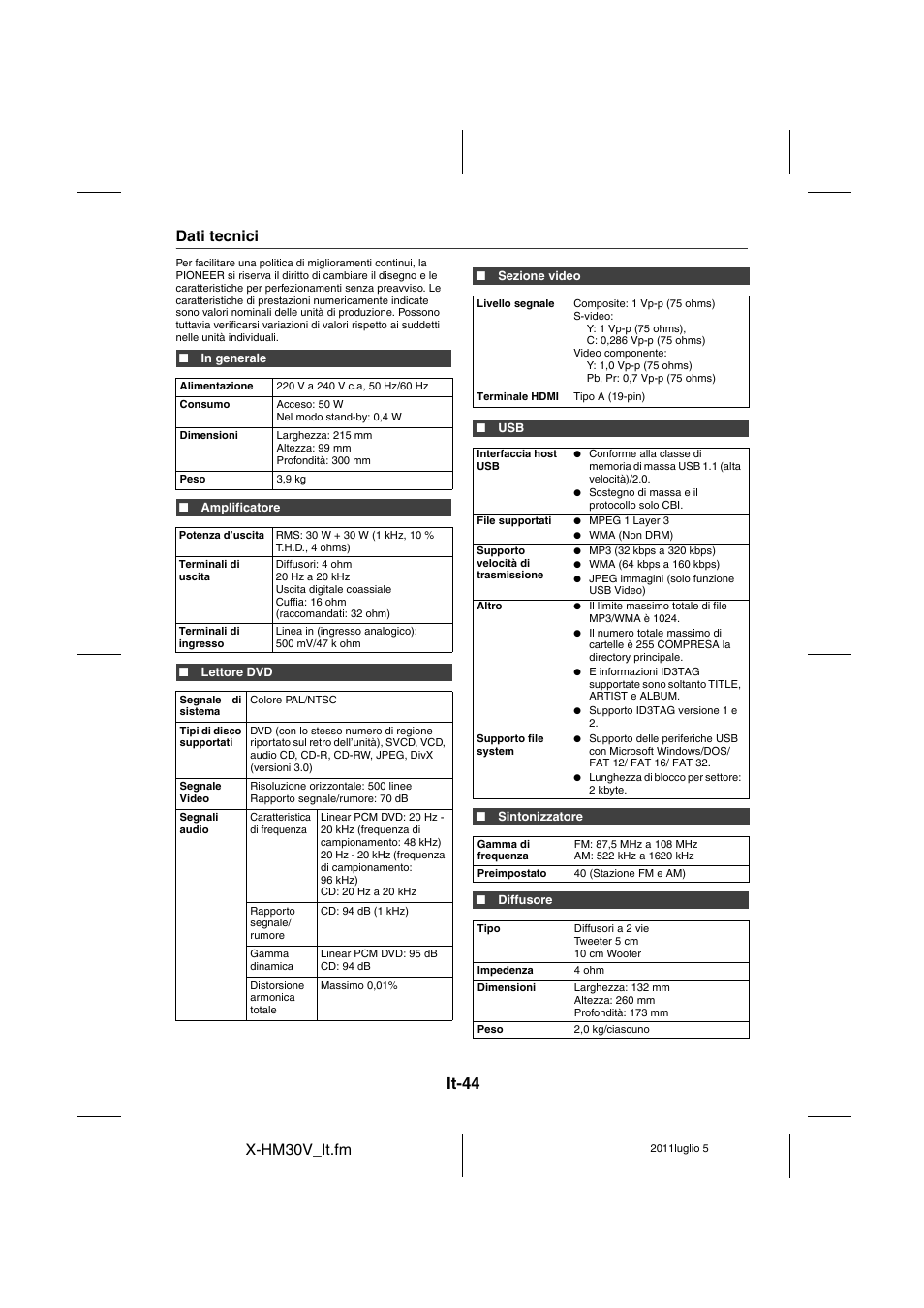 Dati tecnici, It-44, X-hm30v_it.fm | Pioneer X-HM30V-S User Manual | Page 220 / 268