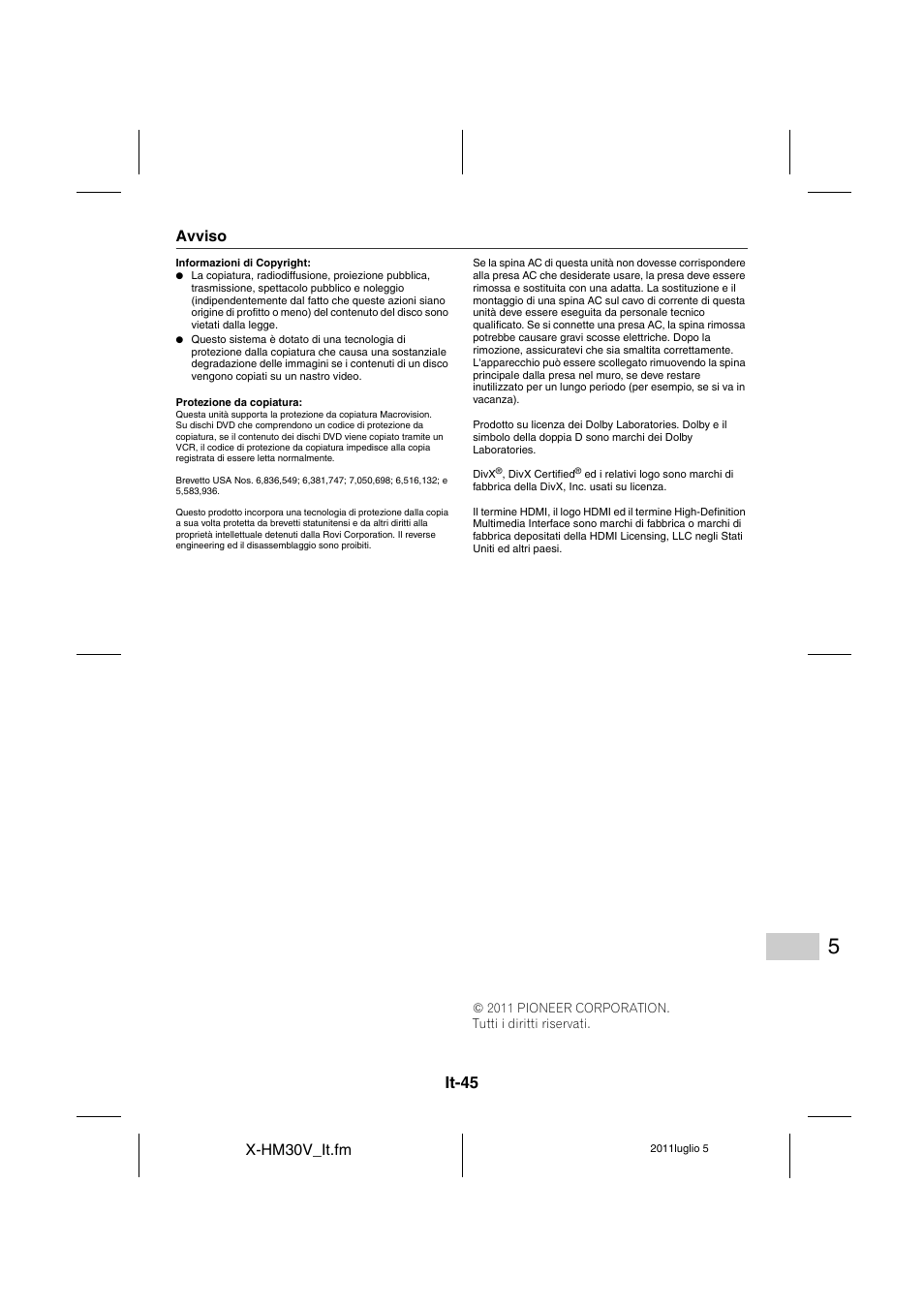 Avviso | Pioneer X-HM30V-S User Manual | Page 221 / 268