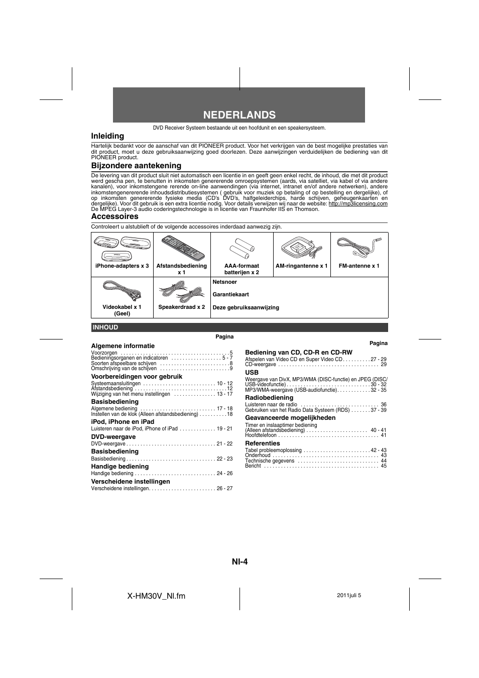 Vd receiver system, Ucciones | handleiding, Nederlands | Nl-4 | Pioneer X-HM30V-S User Manual | Page 224 / 268