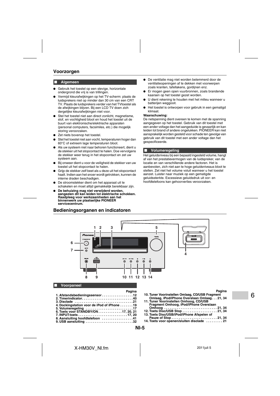 Voorzorgen, Bedieningsorganen en indicatoren - 7, Nl-5 | Pioneer X-HM30V-S User Manual | Page 225 / 268