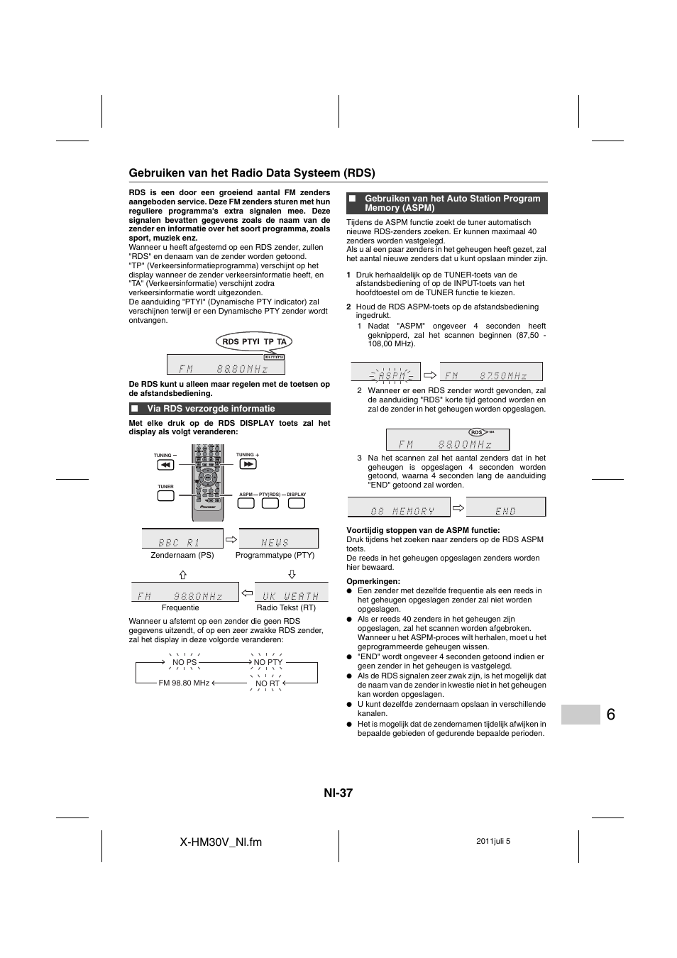 Gebruiken van het radio data systeem (rds) - 39, Nl-37, X-hm30v_nl.fm | Gebruiken van het radio data systeem (rds) | Pioneer X-HM30V-S User Manual | Page 257 / 268