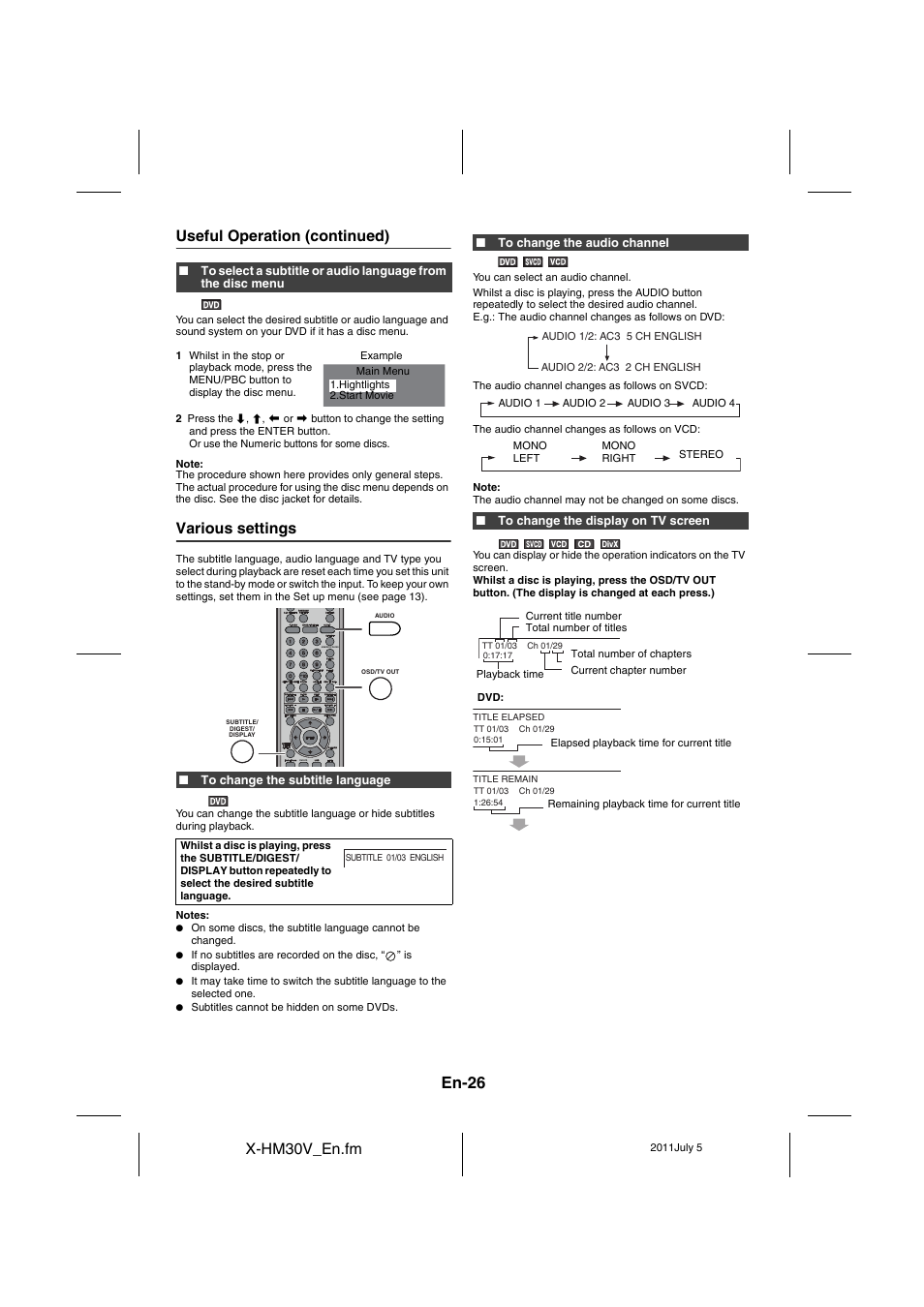 Various settings - 27, En-26, X-hm30v_en.fm | Useful operation (continued), Various settings | Pioneer X-HM30V-S User Manual | Page 26 / 268