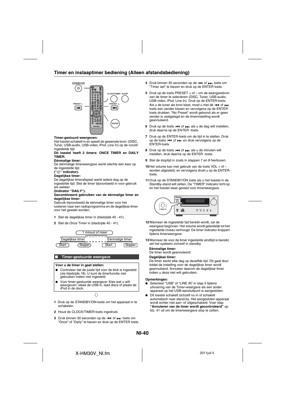 Timer en inslaaptimer bediening, Alleen afstandsbediening) - 41, Nl-40 | X-hm30v_nl.fm | Pioneer X-HM30V-S User Manual | Page 260 / 268