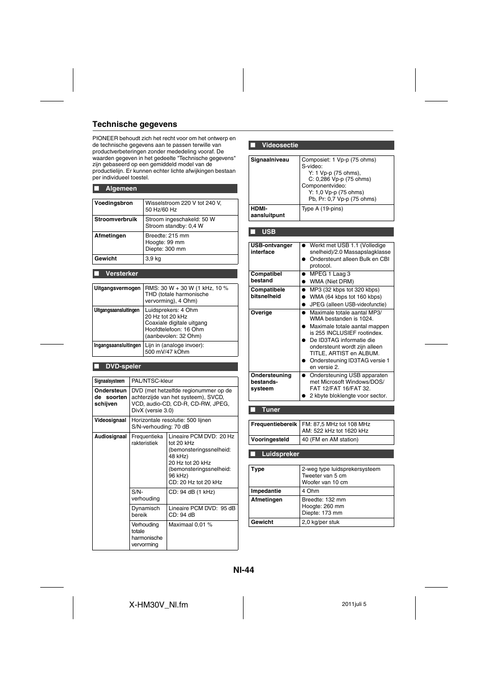 Technische gegevens, Nl-44 | Pioneer X-HM30V-S User Manual | Page 264 / 268