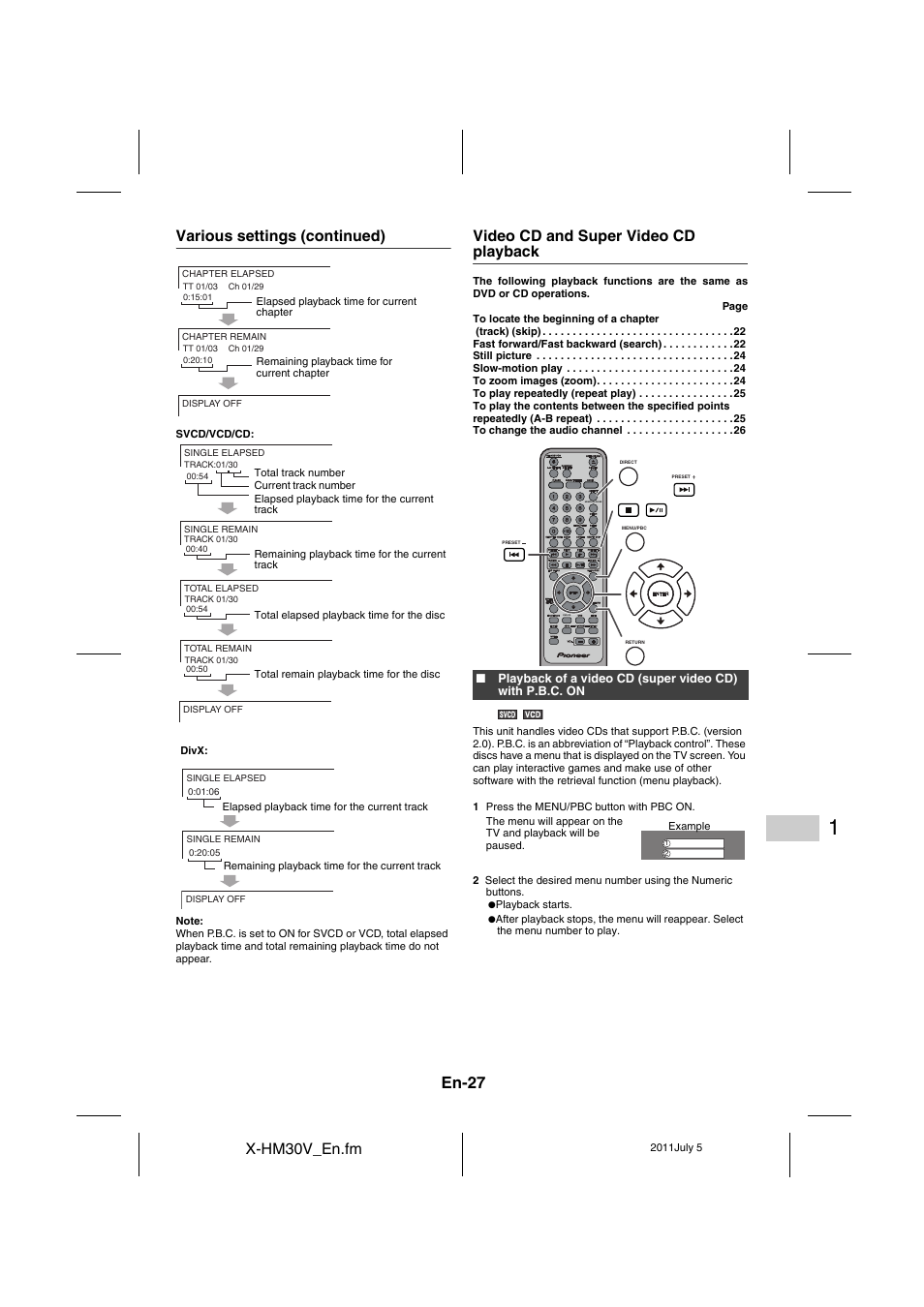 Video cd and super video cd playback - 29, En-27, X-hm30v_en.fm | Various settings (continued), Video cd and super video cd playback | Pioneer X-HM30V-S User Manual | Page 27 / 268