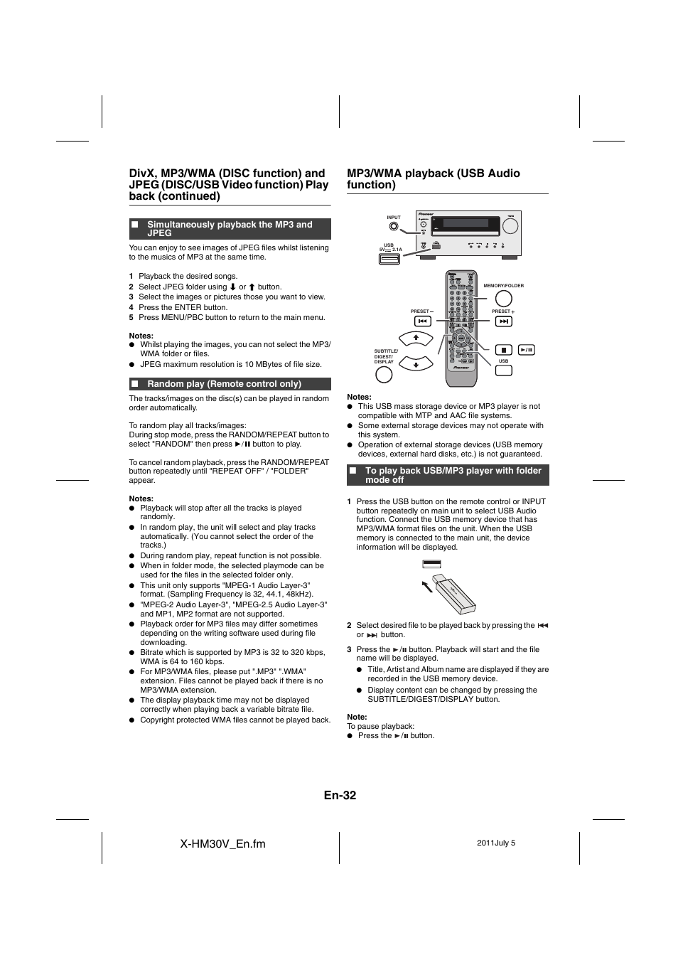 Mp3/wma playback (usb audio function) - 35, En-32, X-hm30v_en.fm | Mp3/wma playback (usb audio function) | Pioneer X-HM30V-S User Manual | Page 32 / 268