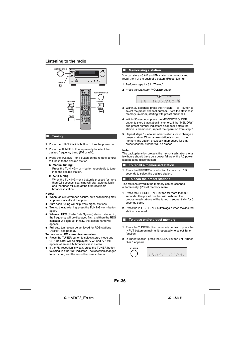 Listening to the radio, En-36, X-hm30v_en.fm | Pioneer X-HM30V-S User Manual | Page 36 / 268