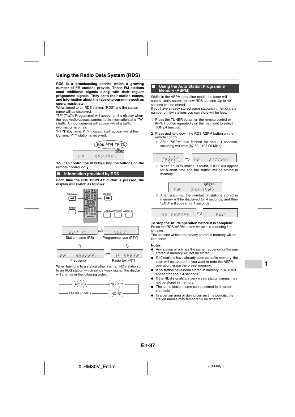 Using the radio data system (rds) - 39, En-37 | Pioneer X-HM30V-S User Manual | Page 37 / 268