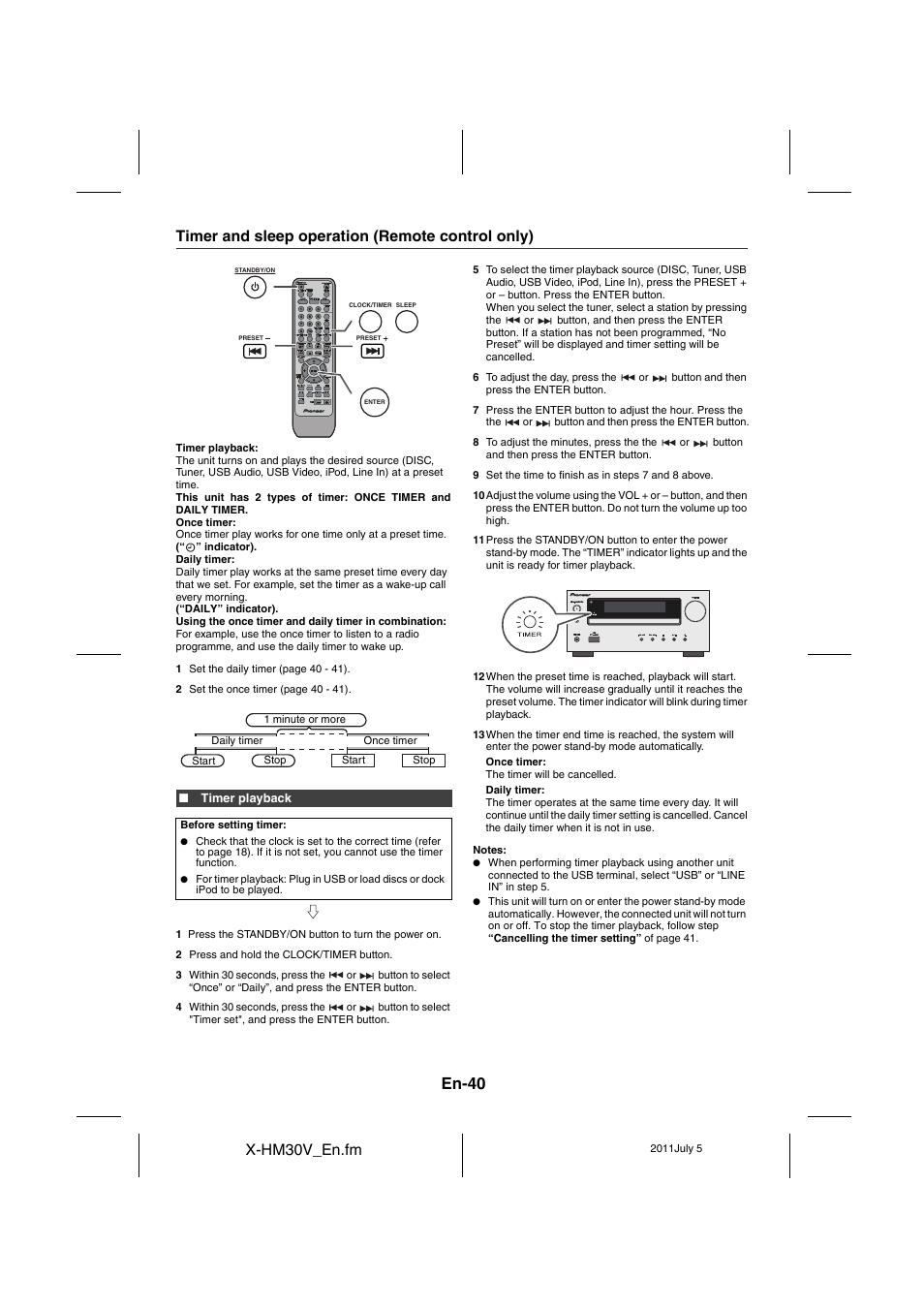 En-40, X-hm30v_en.fm, Timer and sleep operation (remote control only) | Pioneer X-HM30V-S User Manual | Page 40 / 268