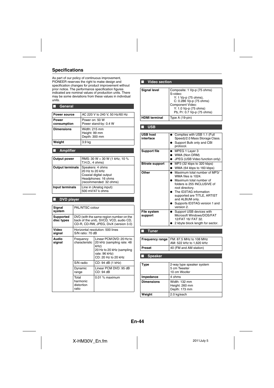 Specifications, En-44 | Pioneer X-HM30V-S User Manual | Page 44 / 268