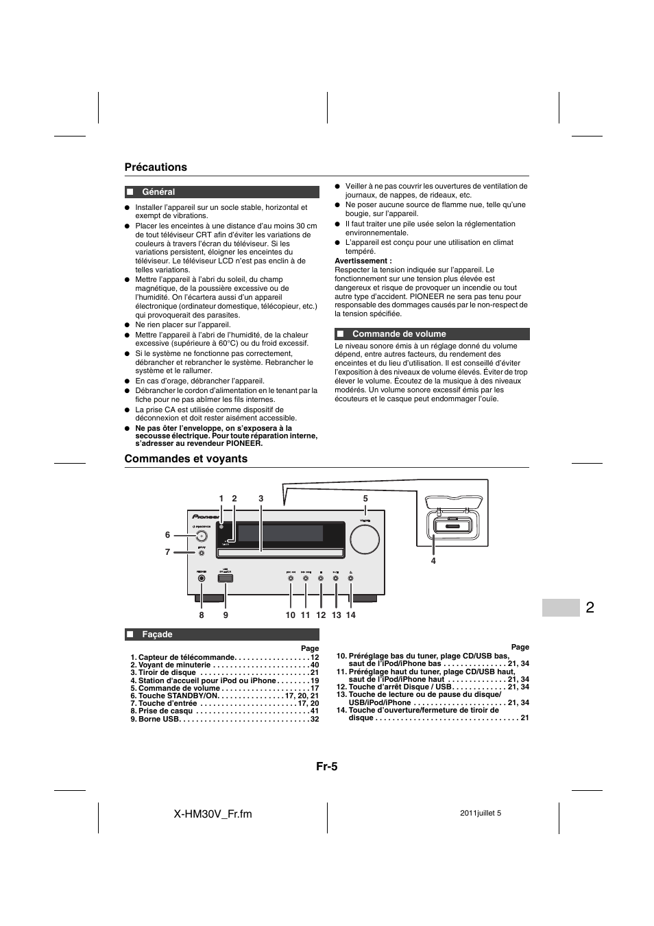 Précautions, Commandes et voyants - 7, Fr-5 | Pioneer X-HM30V-S User Manual | Page 49 / 268