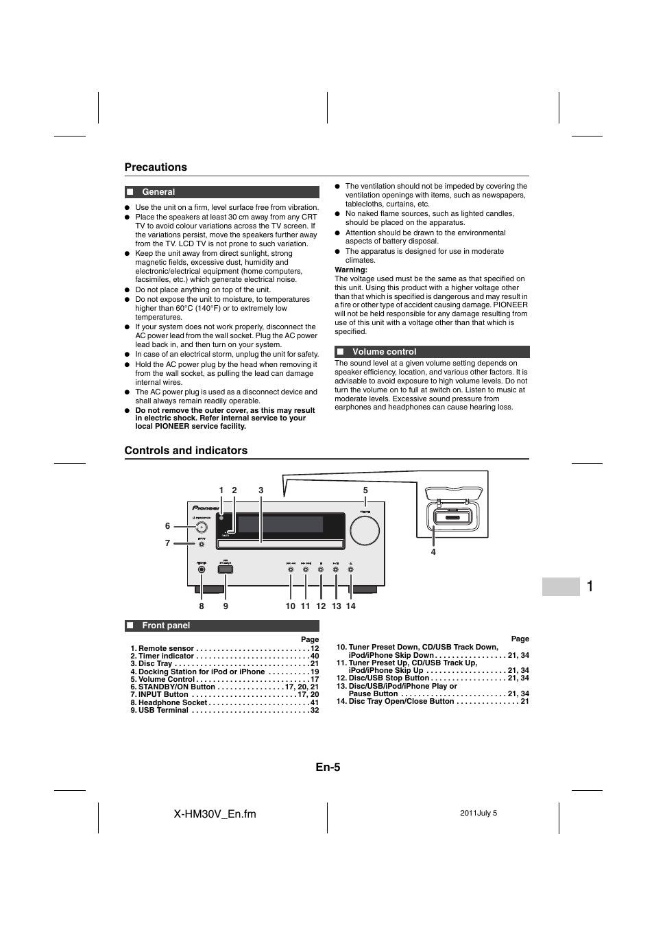 Precautions, Controls and indicators - 7, En-5 | Pioneer X-HM30V-S User Manual | Page 5 / 268