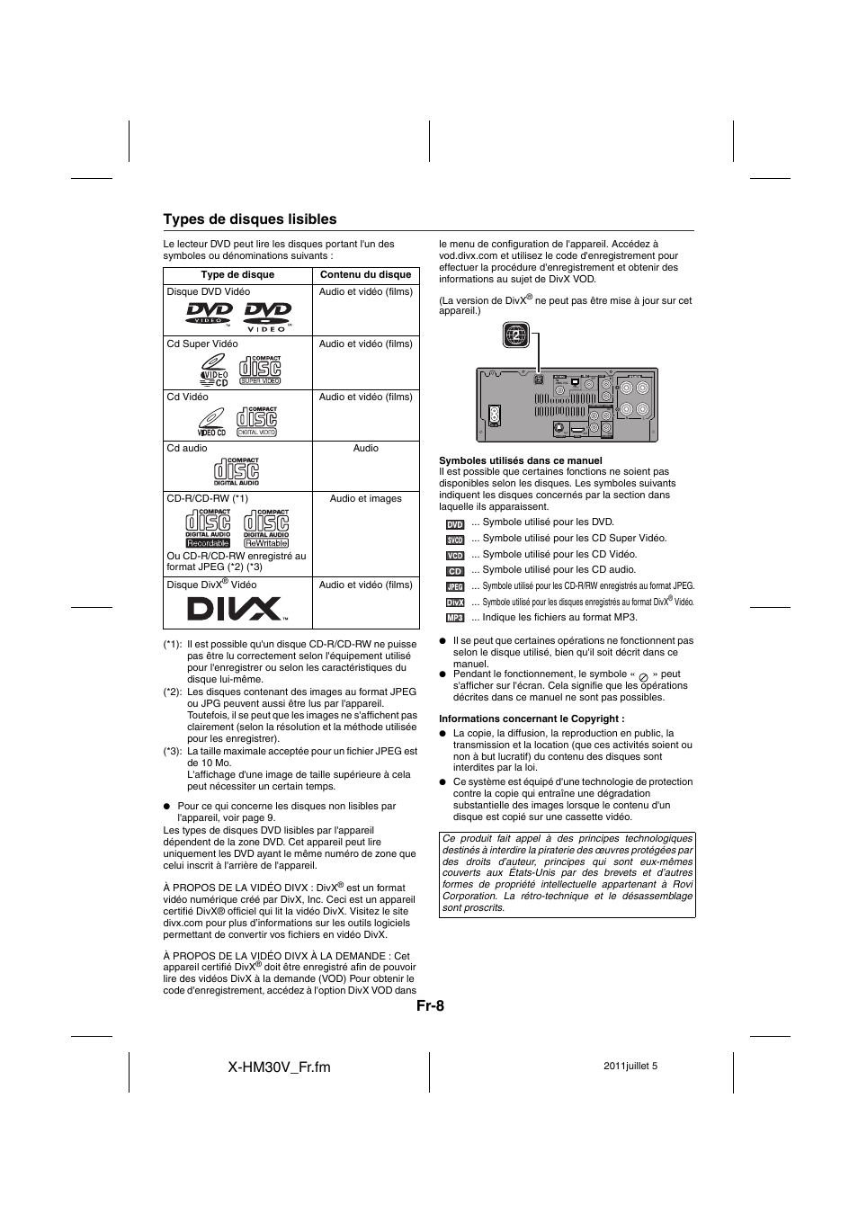 Types de disques lisibles, Fr-8, X-hm30v_fr.fm | Pioneer X-HM30V-S User Manual | Page 52 / 268