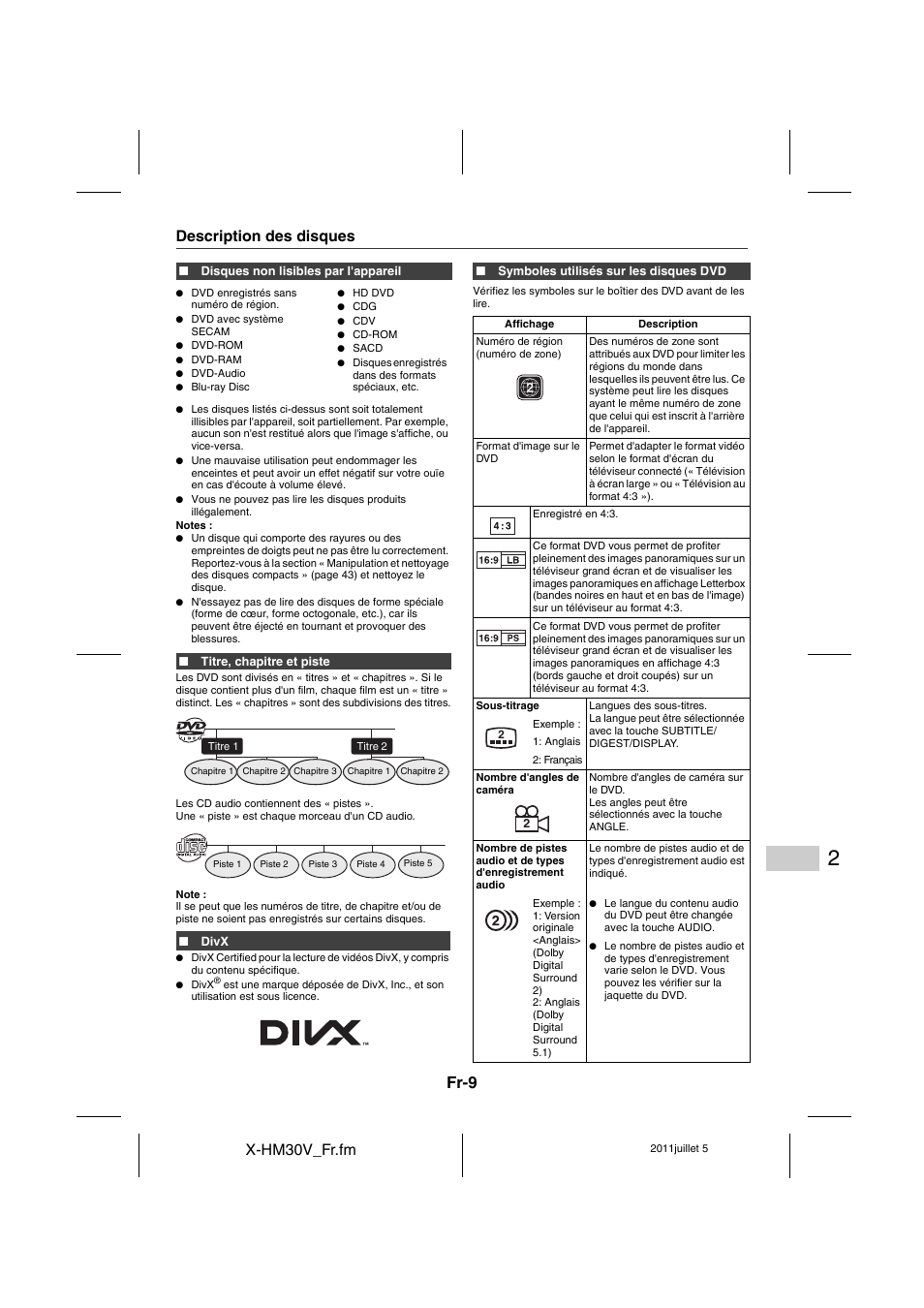 Description des disques, Fr-9, X-hm30v_fr.fm | Pioneer X-HM30V-S User Manual | Page 53 / 268