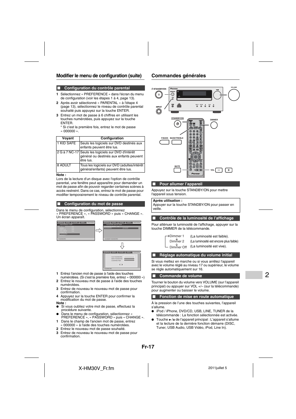 Commande générale - 18, Fr-17, X-hm30v_fr.fm | Modifier le menu de configuration (suite), Commandes générales, Dvd/cd | Pioneer X-HM30V-S User Manual | Page 61 / 268