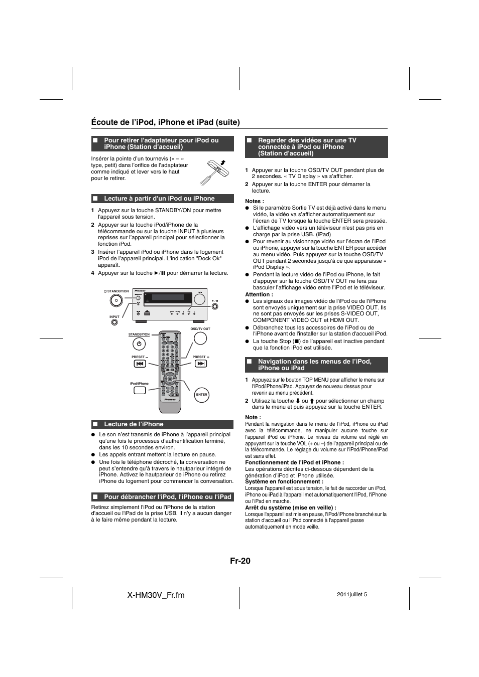 Fr-20, X-hm30v_fr.fm, Écoute de l’ipod, iphone et ipad (suite) | Pioneer X-HM30V-S User Manual | Page 64 / 268