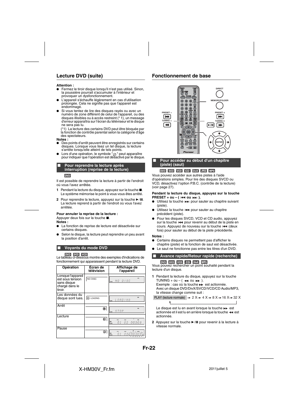Fonctionnement de base - 23, Fr-22, X-hm30v_fr.fm | Lecture dvd (suite), Fonctionnement de base | Pioneer X-HM30V-S User Manual | Page 66 / 268