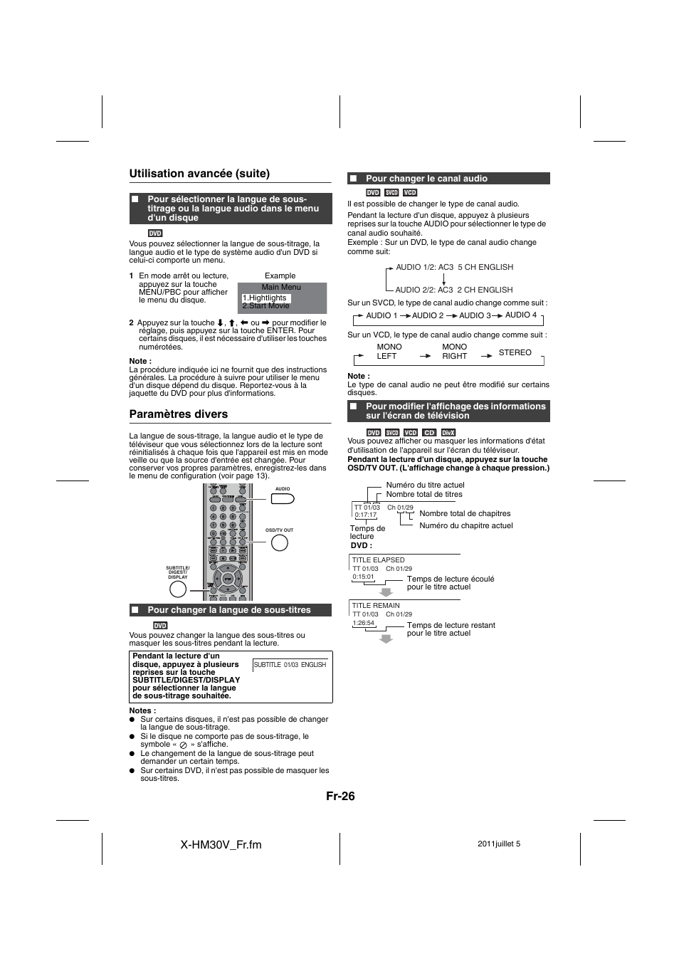 Paramètres divers - 27, Fr-26, X-hm30v_fr.fm | Utilisation avancée (suite), Paramètres divers | Pioneer X-HM30V-S User Manual | Page 70 / 268