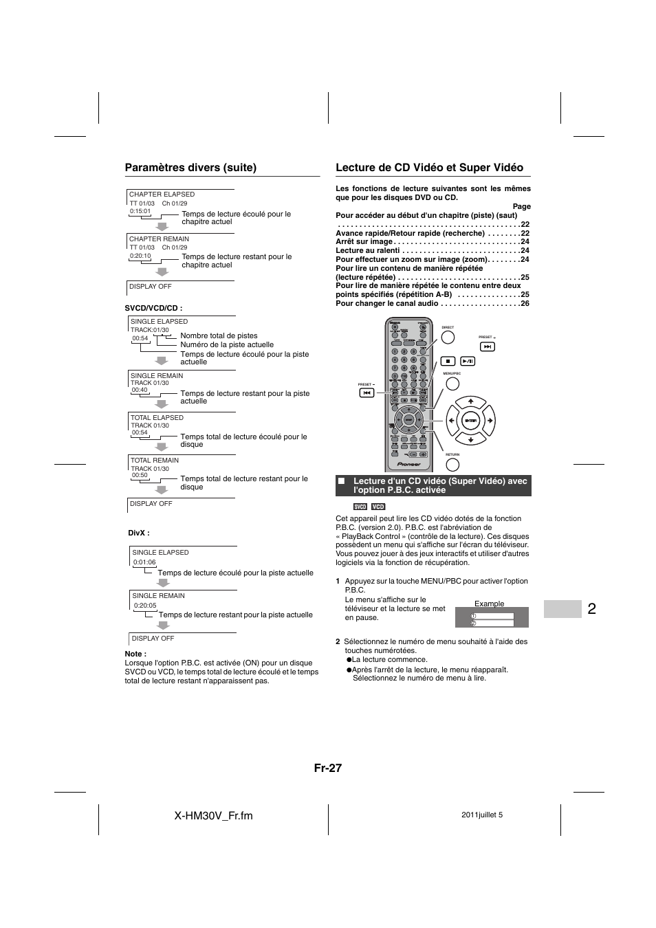 Lecture de cd vidéo et super vidéo - 29, Fr-27, X-hm30v_fr.fm | Paramètres divers (suite), Lecture de cd vidéo et super vidéo | Pioneer X-HM30V-S User Manual | Page 71 / 268
