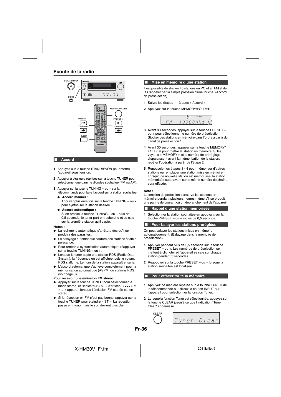 Écoute de la radio, Fr-36, X-hm30v_fr.fm | Pioneer X-HM30V-S User Manual | Page 80 / 268
