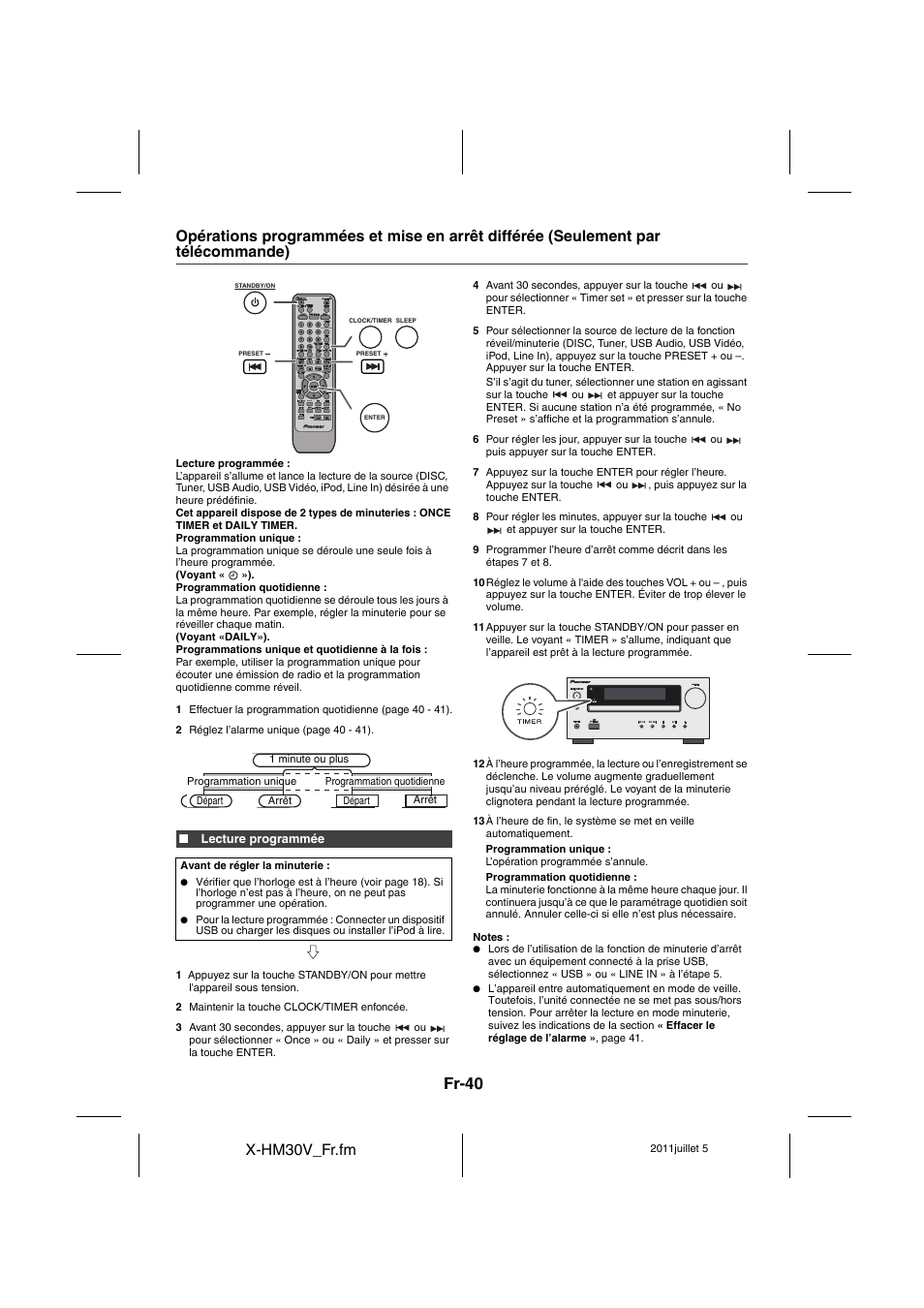 Opérations programmées et mise en arrêt différée, Seulement par télécommande) - 41, Fr-40 | X-hm30v_fr.fm | Pioneer X-HM30V-S User Manual | Page 84 / 268