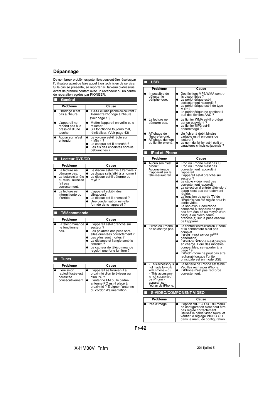 Dépannage - 43, Fr-42, X-hm30v_fr.fm | Dépannage | Pioneer X-HM30V-S User Manual | Page 86 / 268