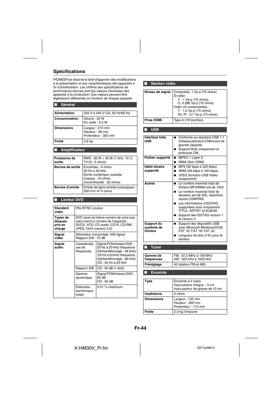 Spécifications, Fr-44, X-hm30v_fr.fm | Pioneer X-HM30V-S User Manual | Page 88 / 268
