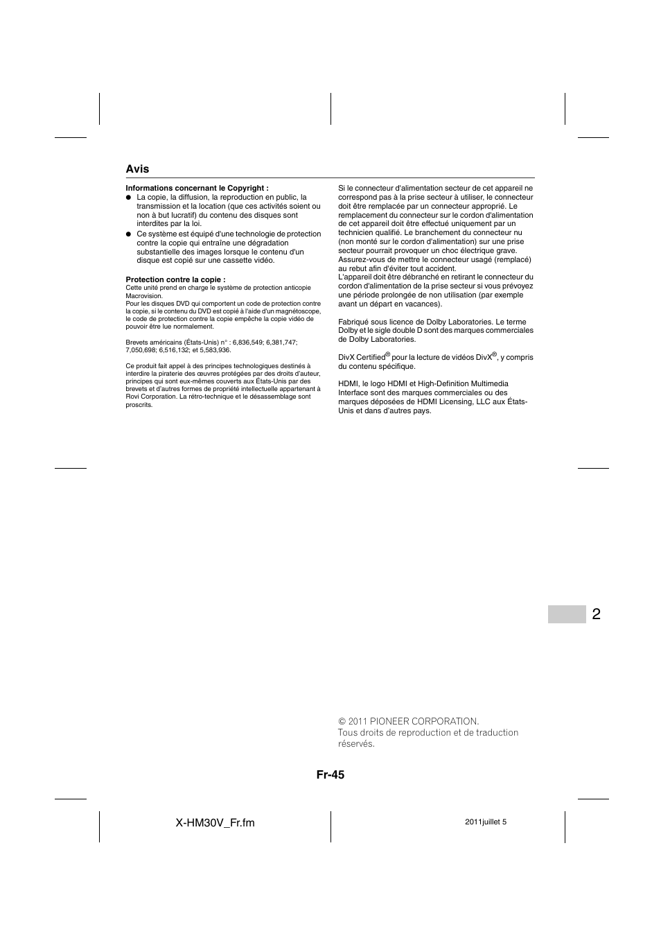 Avis | Pioneer X-HM30V-S User Manual | Page 89 / 268