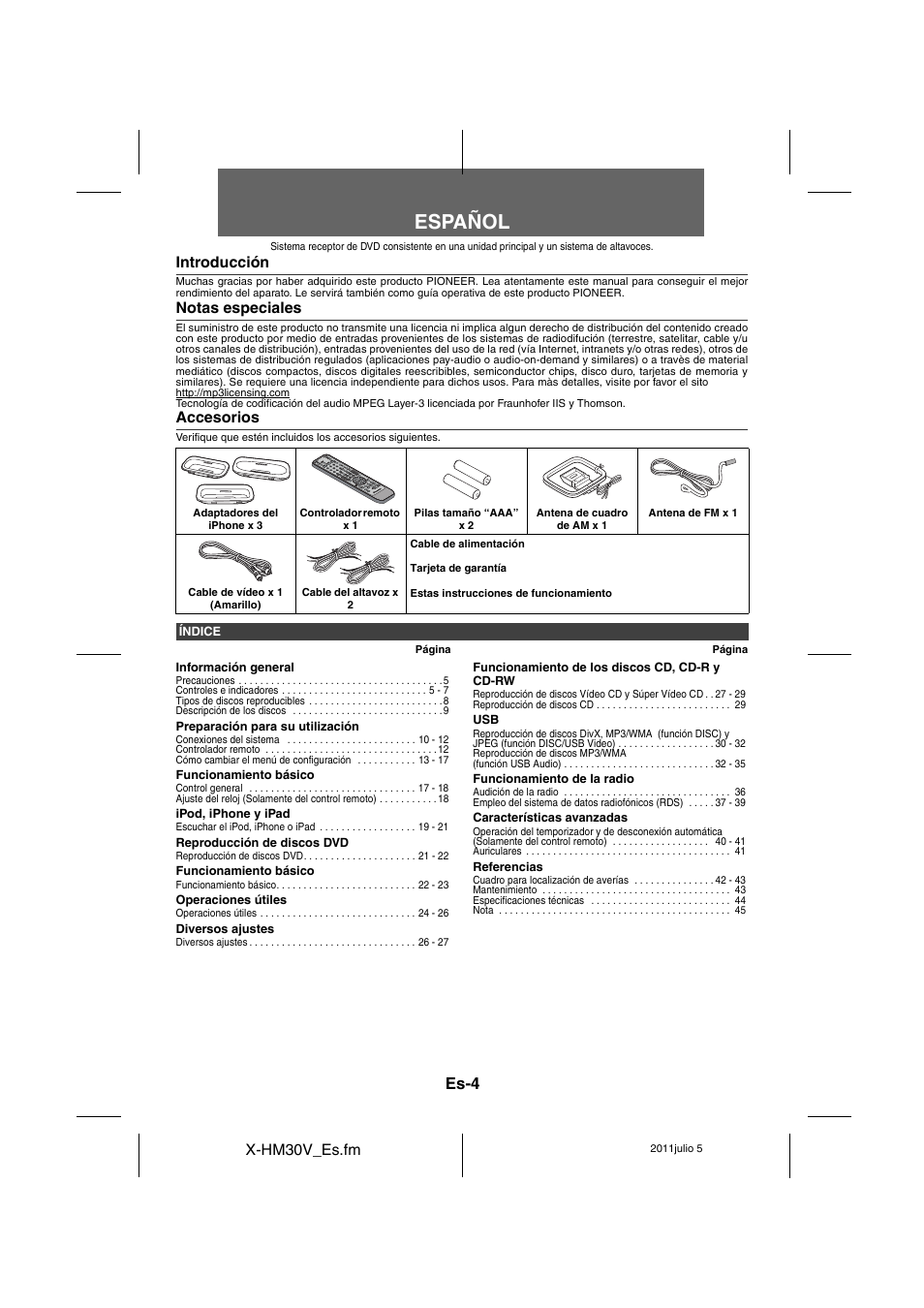 Sistema receptor de dvd, Ungsanleitung, Español | Es-4 | Pioneer X-HM30V-S User Manual | Page 92 / 268
