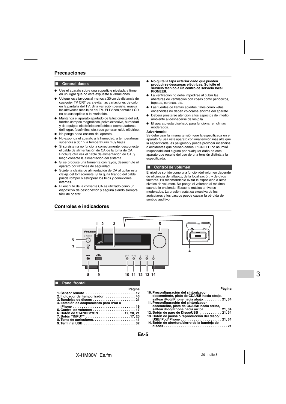 Precauciones, Controles e indicadores - 7, Es-5 | Pioneer X-HM30V-S User Manual | Page 93 / 268
