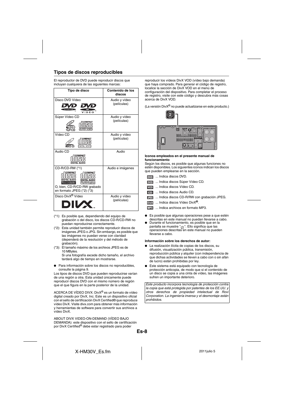 Tipos de discos reproducibles, Es-8, X-hm30v_es.fm | Pioneer X-HM30V-S User Manual | Page 96 / 268
