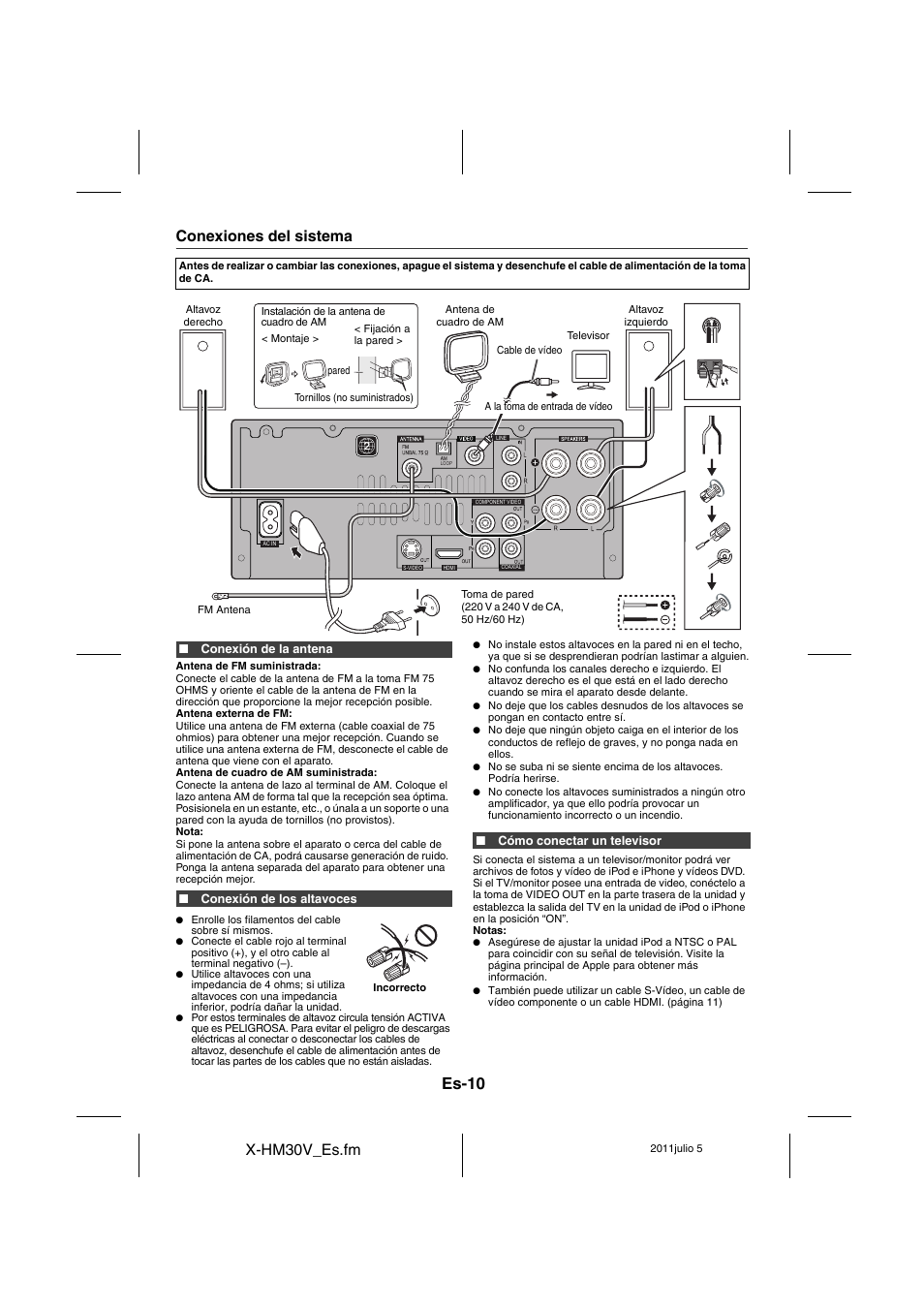 Conexiones del sistema - 12, Es-10, X-hm30v_es.fm | Conexiones del sistema | Pioneer X-HM30V-S User Manual | Page 98 / 268