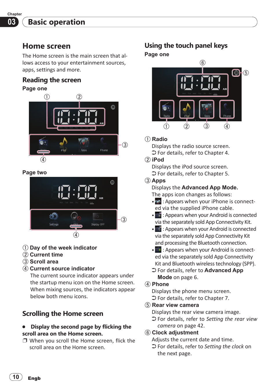 Home screen, Reading the screen, Scrolling the home screen | Using the touch panel keys, Basic operation | Pioneer SPH-DA100 User Manual | Page 10 / 54