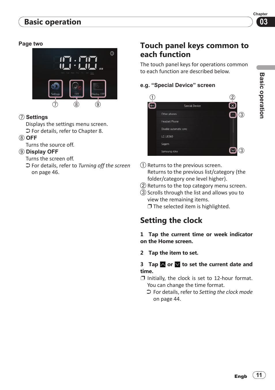 Touch panel keys common to, Each function, Setting the clock | Basic operation, Touch panel keys common to each function | Pioneer SPH-DA100 User Manual | Page 11 / 54