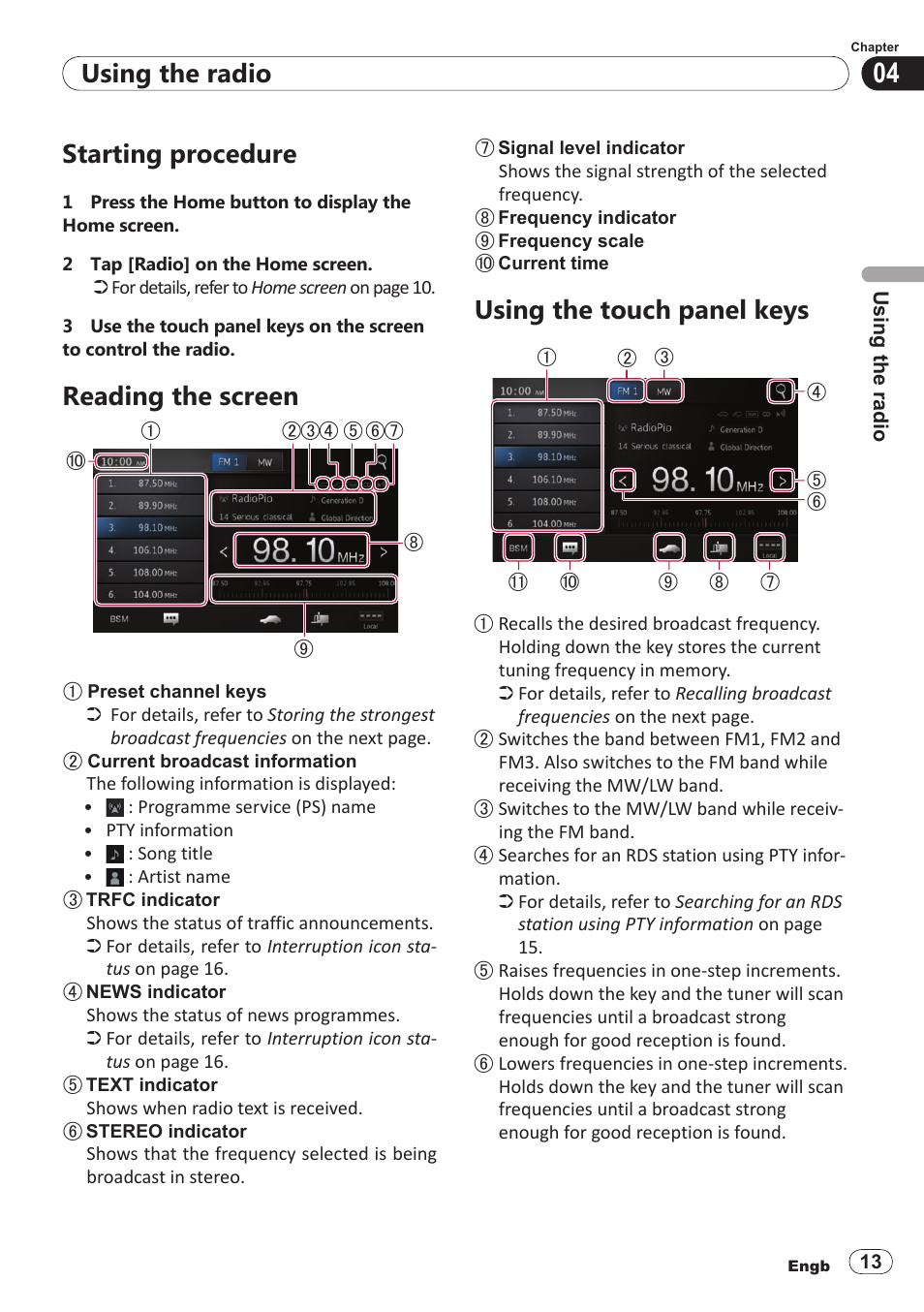 Starting procedure, Reading the screen, Using the touch panel keys | Using the radio | Pioneer SPH-DA100 User Manual | Page 13 / 54