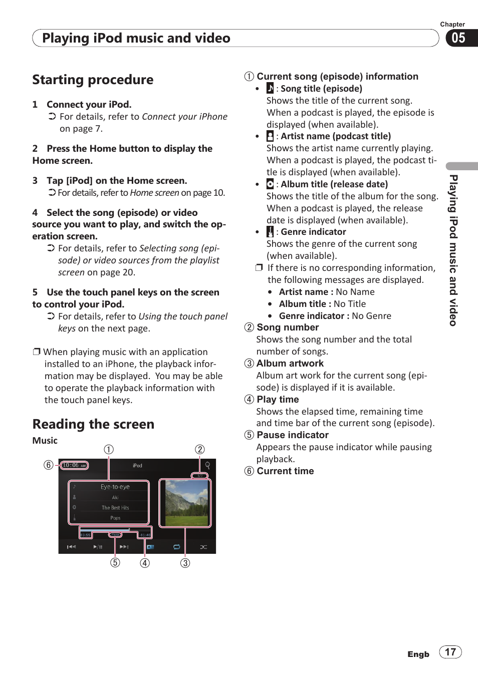Starting procedure, Reading the screen, Playing ipod music and video | Pioneer SPH-DA100 User Manual | Page 17 / 54