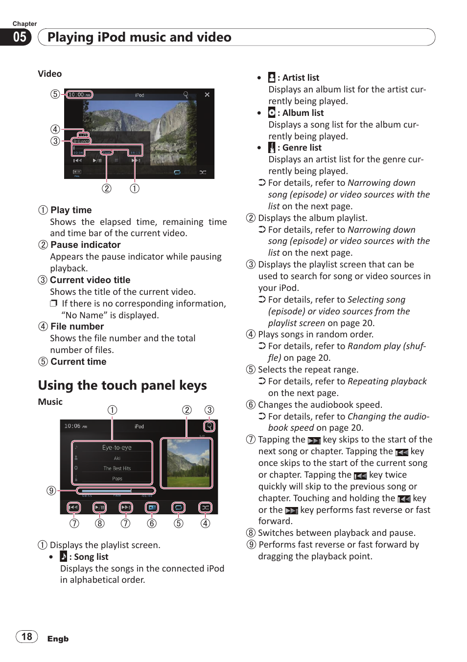 Using the touch panel keys, Playing ipod music and video | Pioneer SPH-DA100 User Manual | Page 18 / 54