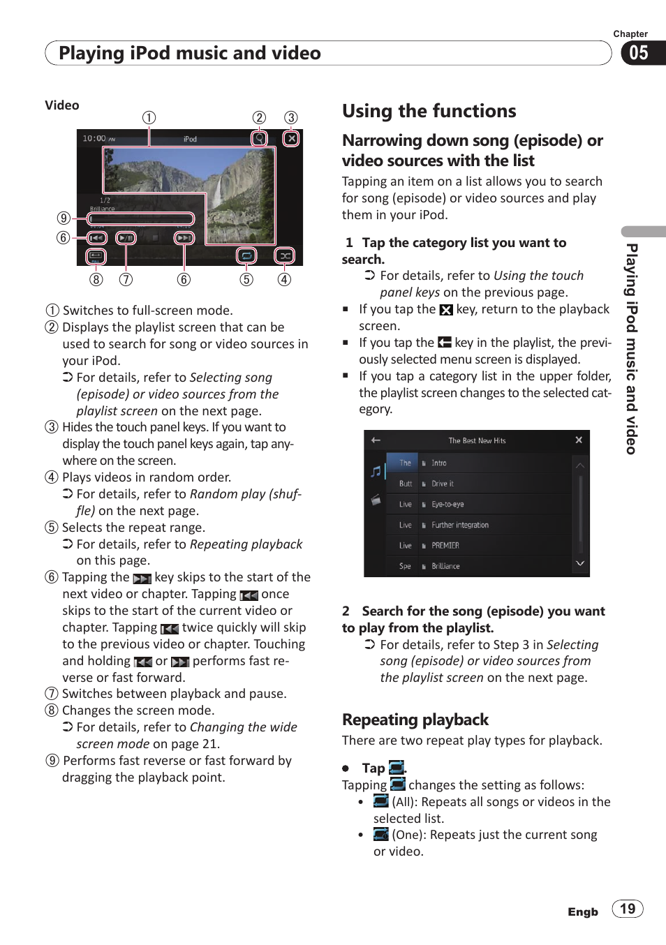 Using the functions, Repeating playback, Playing ipod music and video | Pioneer SPH-DA100 User Manual | Page 19 / 54