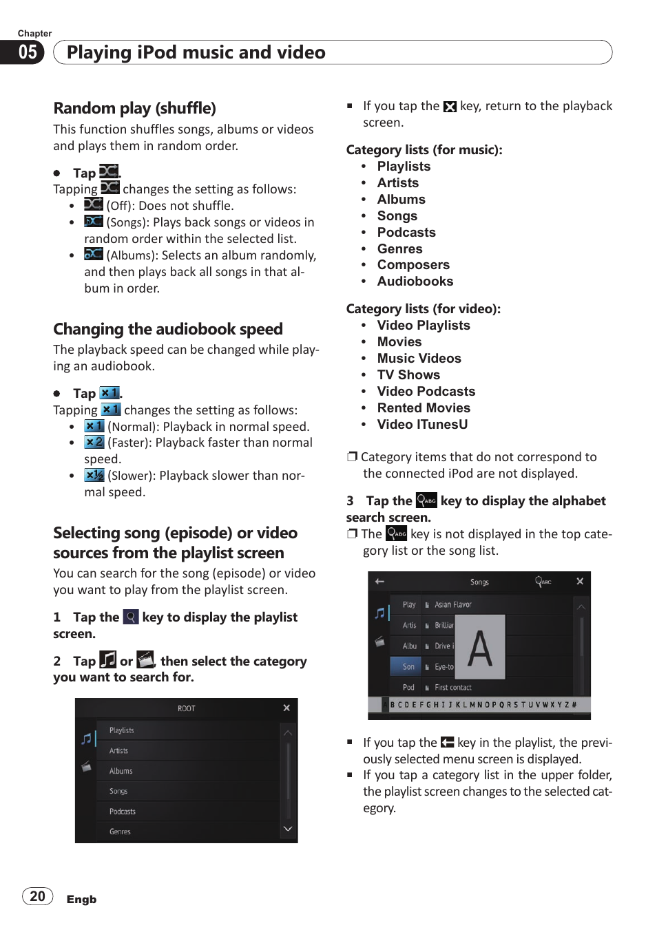 Random play (shuffle), Changing the audiobook speed, Playing ipod music and video | Pioneer SPH-DA100 User Manual | Page 20 / 54